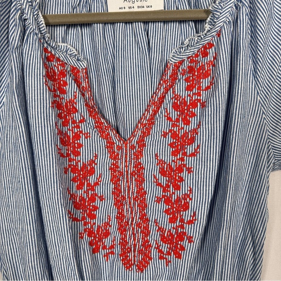 Auguste Cotton Striped Embroidered Boho Peasant Blouse Festival Top Size Small - Picture 7 of 11